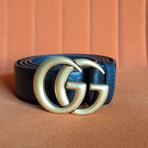 Gucci Marmont Embossed Black Leather Belt with Gold Buckle